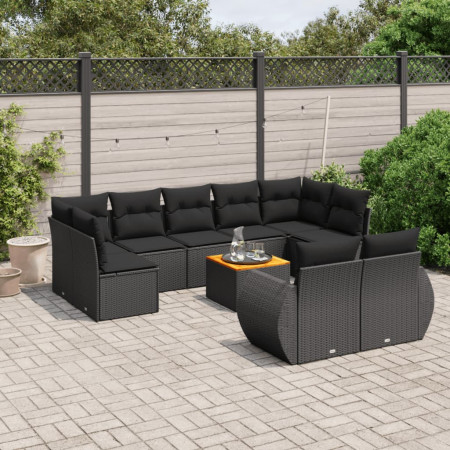 Set canapele de grădină cu perne, 10 piese, negru, poliratan