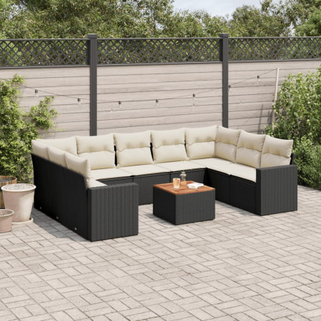 Set canapele de grădină cu perne, 10 piese, negru, poliratan