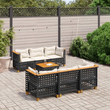 Set canapele de grădină cu perne, 7 piese, negru, poliratan