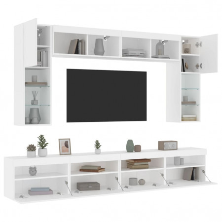Set comode TV de perete, 8 piese, cu lumini LED, alb - Img 1