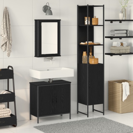 Set de mobilier pentru baie 3 piese Negru stejar din lemn prelucrat