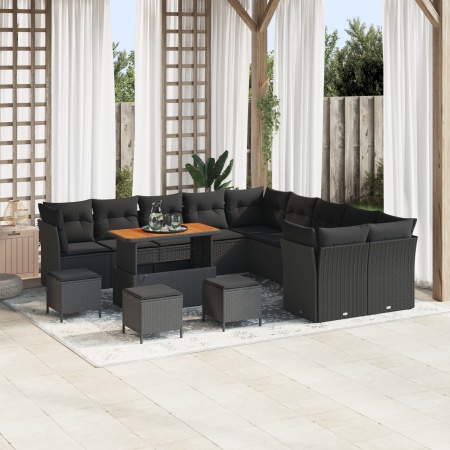 Set de Sofa pentru Grădină de 14 Piese cu Perne Negru Poliratan Acacia, Set de Cină pentru Grădină de 4 Piese cu Perne Negru Poliratan Acacia
