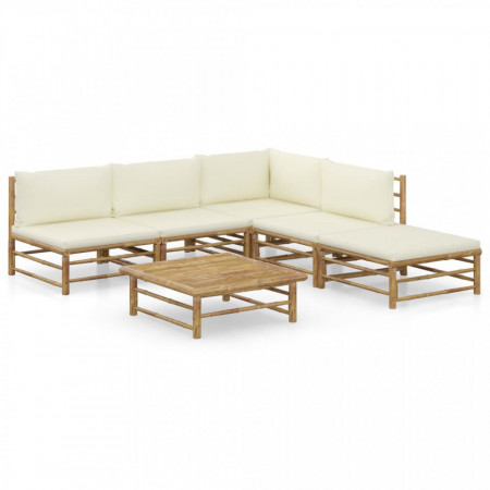 Set mobilier de grădină, 6 piese, perne alb crem, bambus - Img 1