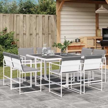 Set mobilier de grădină, 9 piese, cu perne, alb, textilenă