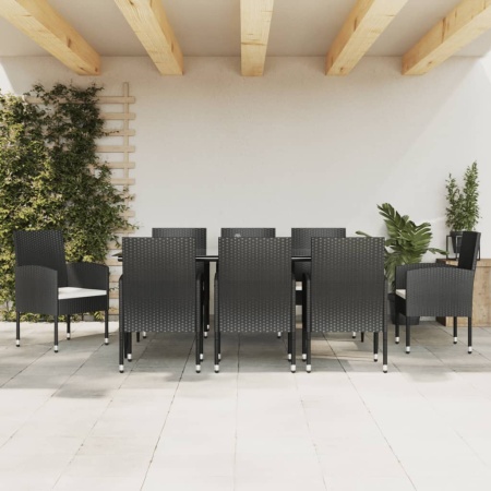 Set mobilier de grădină, 9 piese, negru, poliratan și oțel
