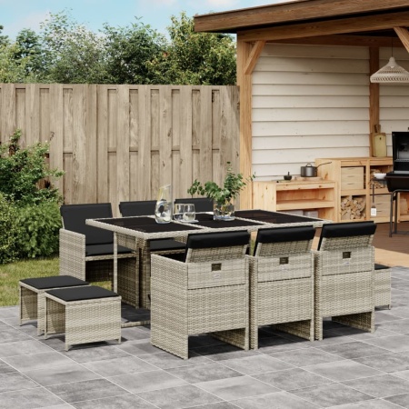 Set mobilier de grădină cu perne 11 piese gri deschis poliratan