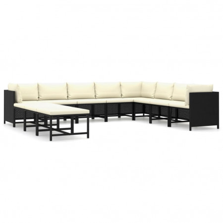 Set mobilier de grădină cu perne, 11 piese, negru, poliratan