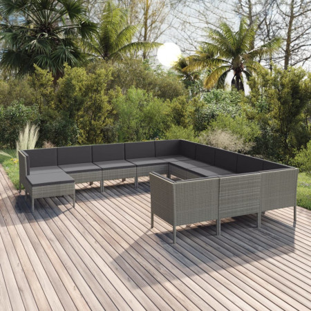 Set mobilier de grădină cu perne, 12 piese, gri, poliratan