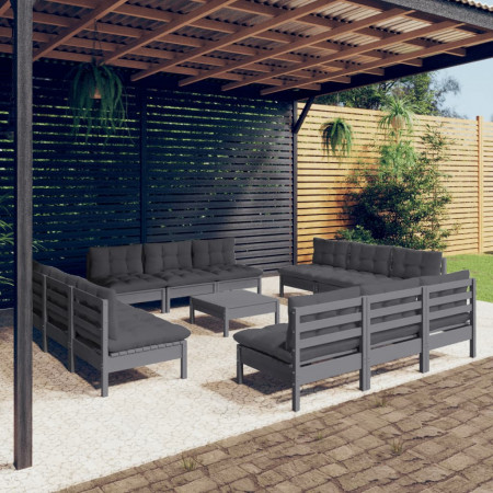 Set mobilier de grădină cu perne, 13 piese, antracit, lemn pin