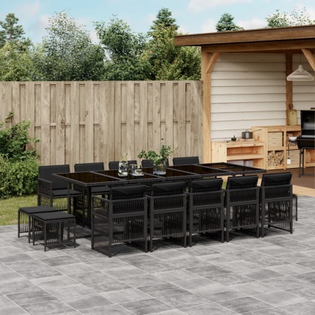 Set mobilier de grădină cu perne, 15 piese, negru, poliratan - Img 1