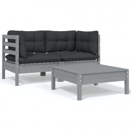 Set mobilier de grădină cu perne, 3 piese, gri, lemn masiv pin