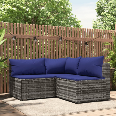 Set mobilier de grădină cu perne, 3 piese, gri, poliratan