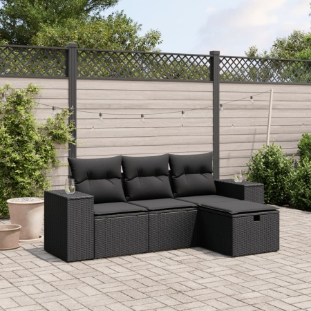Set mobilier de grădină cu perne, 4 piese, negru, poliratan
