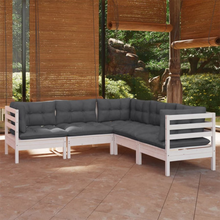 Set mobilier de grădină cu perne, 5 piese, alb, lemn masiv pin