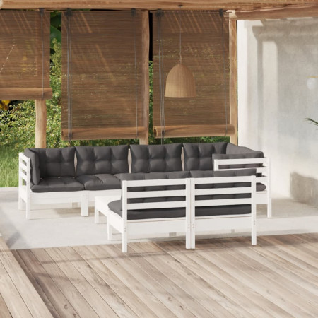 Set mobilier de grădină cu perne, 8 piese, alb, lemn masiv pin