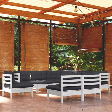 Set mobilier de grădină cu perne, 9 piese, alb, lemn masiv pin