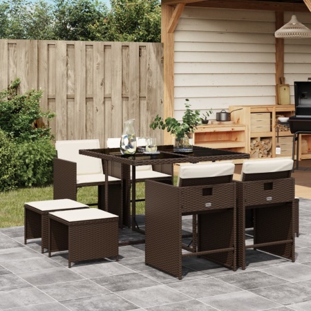 Set mobilier de grădină cu perne, 9 piese, maro, poliratan