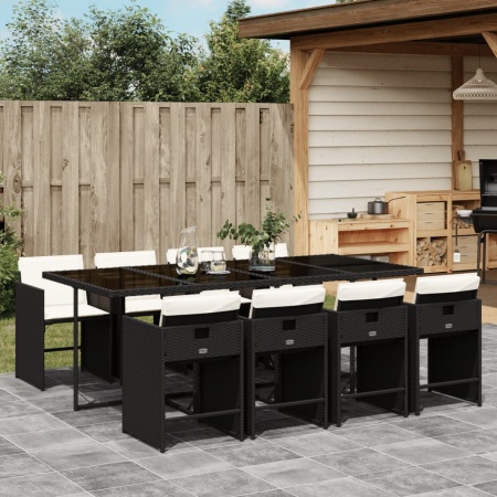 Set mobilier de grădină cu perne, 9 piese, negru, poliratan