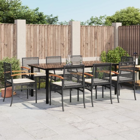 Set mobilier de grădină cu perne, 9 piese, negru, poliratan