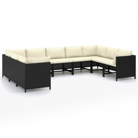 Set mobilier de grădină cu perne, 9 piese, negru, poliratan