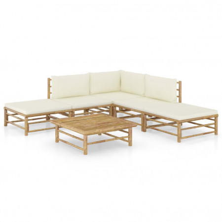 Set mobilier de grădină cu perne alb crem, 6 piese, bambus - Img 1
