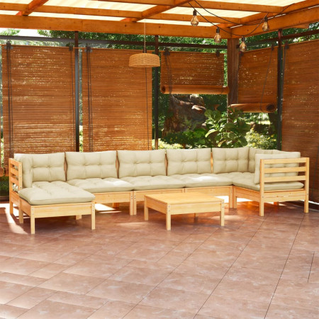 Set mobilier de grădină cu perne crem, 8 piese, lemn masiv pin