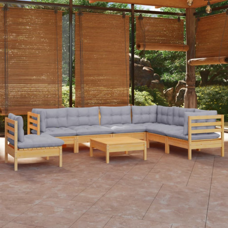 Set mobilier de grădină cu perne gri, 8 piese, lemn masiv pin