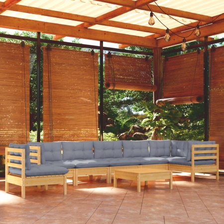 Set mobilier de grădină cu perne gri, 9 piese, lemn masiv pin