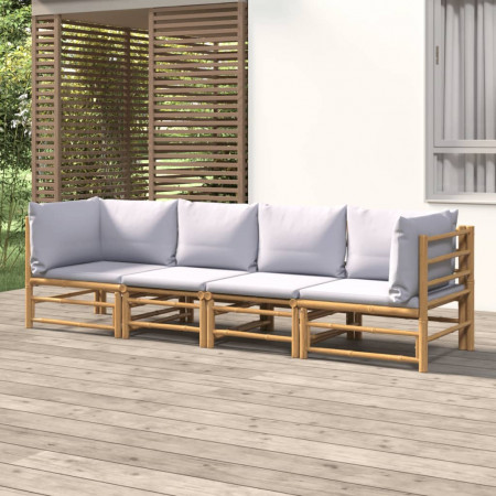 Set mobilier de grădină cu perne gri deschis, 4 piese, bambus