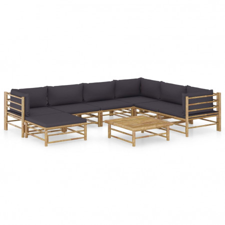 Set mobilier de grădină cu perne gri închis, 8 piese, bambus