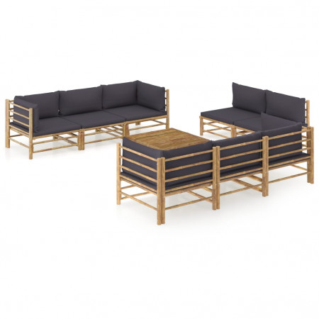 Set mobilier de grădină cu perne gri închis, 9 piese, bambus