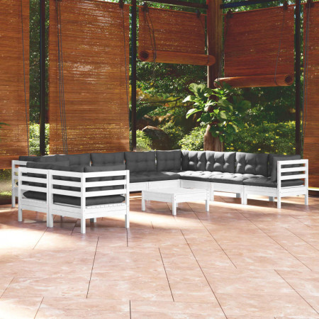 Set mobilier grădină cu perne, 11 piese, alb, lemn masiv pin