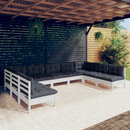 Set mobilier grădină cu perne, 9 piese, alb, lemn masiv pin