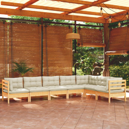 Set mobilier grădină cu perne crem, 7 piese, lemn masiv pin