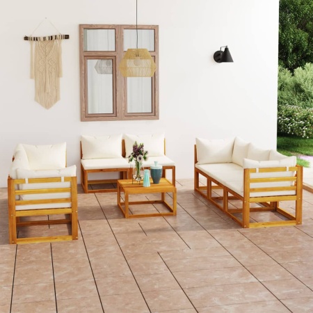 Set mobilier grădină cu perne crem, 9 piese, lemn masiv acacia