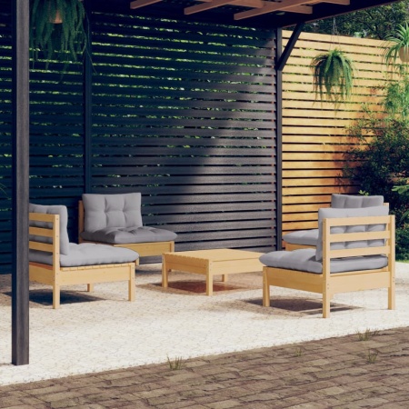 Set mobilier grădină cu perne gri, 5 piese, lemn masiv de pin