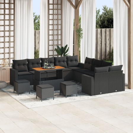 Set Sofa Grădină 13 Piese cu Perne Poliratan Negru Acacia, Set Dining Grădină 3 Piese cu Perne Poliratan Negru Acacia