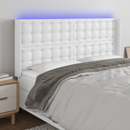 Tăblie de pat cu LED, alb, 163x16x118/128 cm, piele ecologică