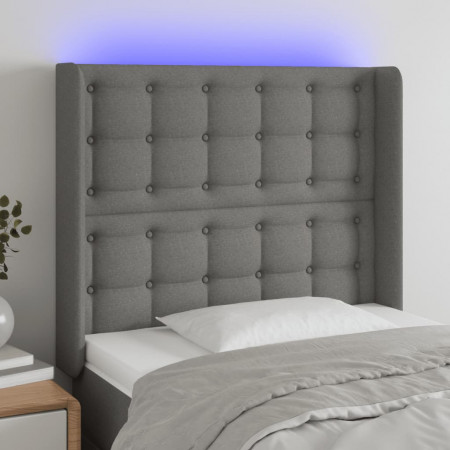 Tăblie de pat cu LED, gri închis, 103x16x118/128 cm, textil