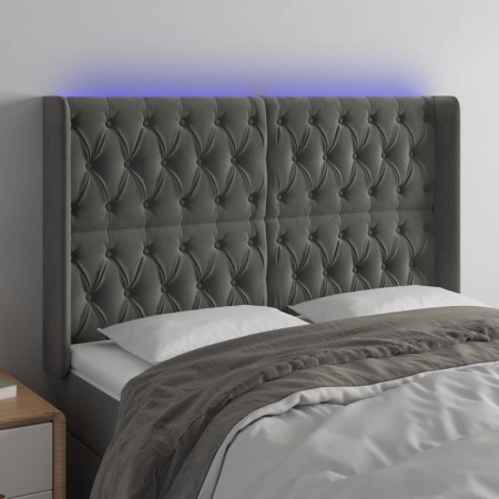 Tăblie de pat cu LED, gri închis, 147x16x118/128 cm, catifea