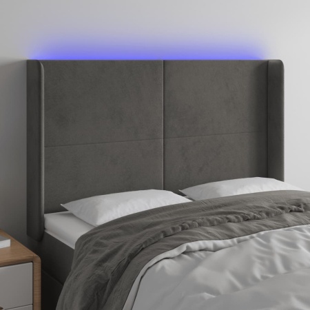 Tăblie de pat cu LED, gri închis, 147x16x118/128 cm, catifea