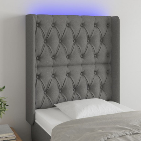 Tăblie de pat cu LED, gri închis, 83x16x118/128 cm, textil