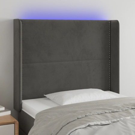 Tăblie de pat cu LED, gri închis, 93x16x118/128 cm, catifea