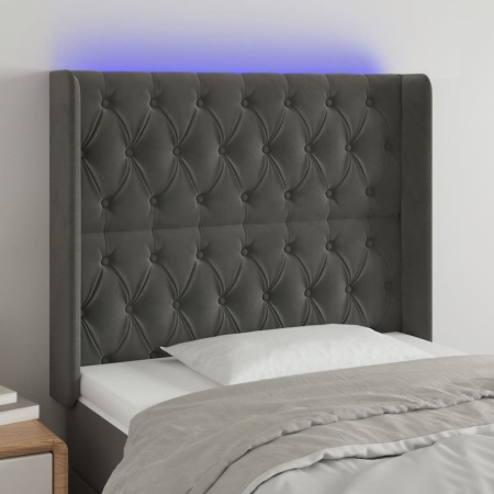 Tăblie de pat cu LED, gri închis, 93x16x118/128 cm, catifea