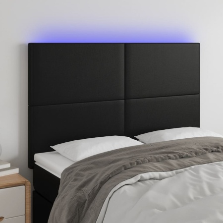 Tăblie de pat cu LED, negru, 144x5x118/128 cm, piele ecologică