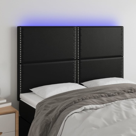 Tăblie de pat cu LED, negru, 144x5x118/128 cm, piele ecologică