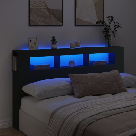 Tăblie de pat cu LED, negru, 180x18,5x103,5 cm, lemn
