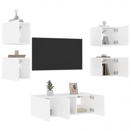 Unități de perete TV cu LED-uri, 6 piese, alb, lemn prelucrat