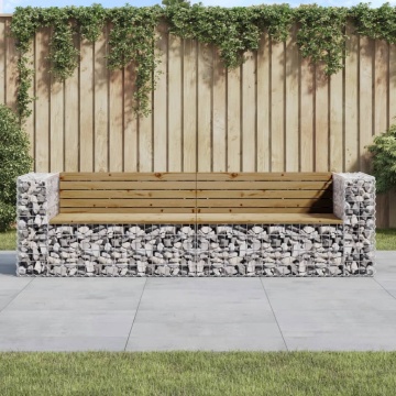 Bancă de grădină cu gabion, 244x71x65,5 cm, lemn pin impregnat - Img 1