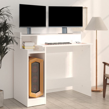 Birou cu lumini LED, alb, 97x90x45 cm lemn compozit - Img 5